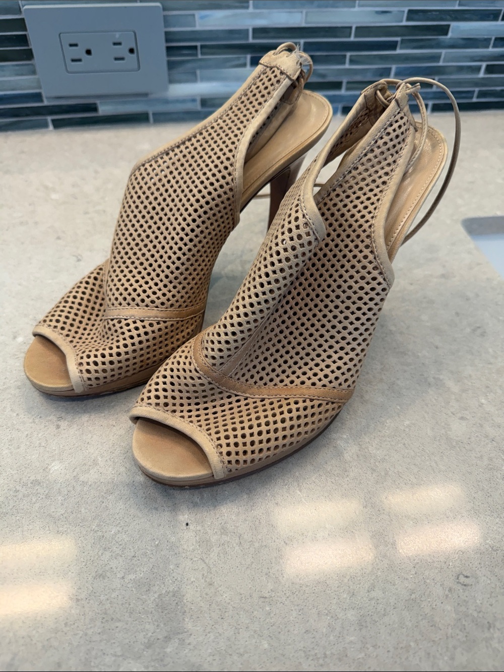 J. Crew Tan Perforated Peep-Toe Slingback Heels